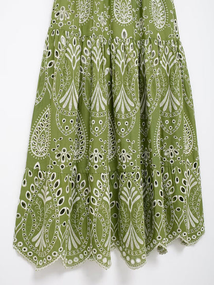 Onbely robe de soirée longue brodée motif cachemire vert sans manches à fines brides pour bal et plage