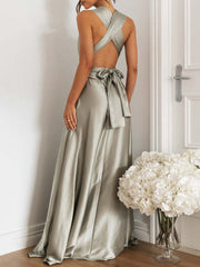 ONBELY Gray V-Neck Backless Long Evening Dress