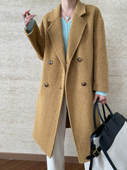 Onbely Women's Long Double-Breasted Wool Coat with Lapel Collar