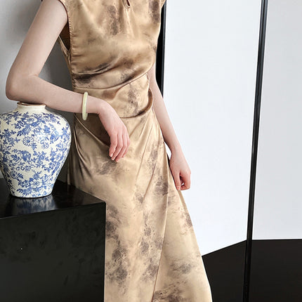 Onbely Cheongsam Qipao Satin Dorée Élégant Sans Manches