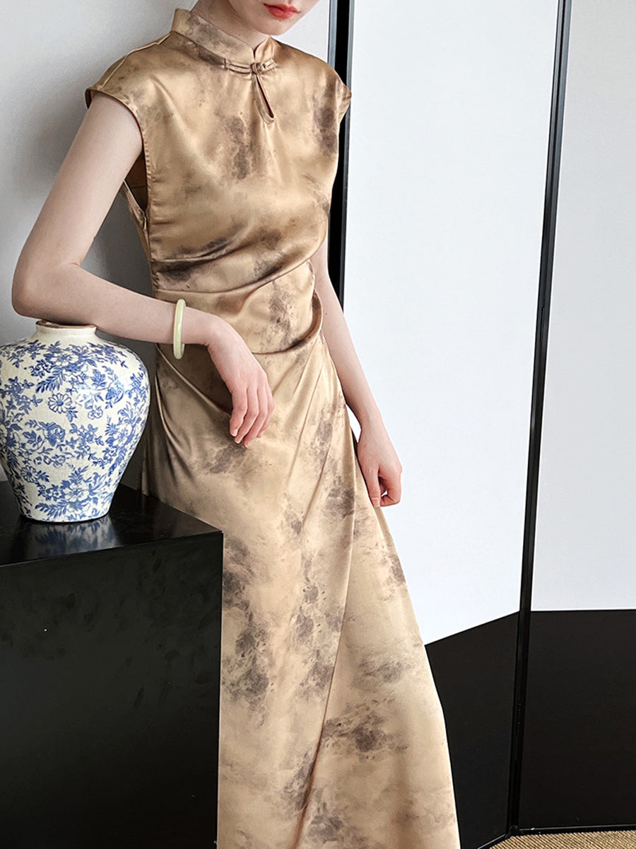 Onbely Cheongsam Qipao Satin Dorée Élégant Sans Manches