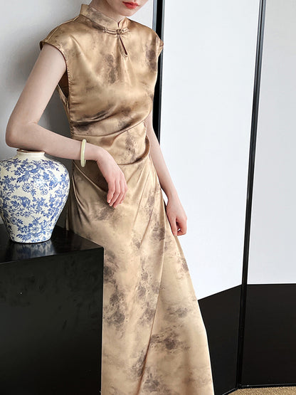 Onbely Cheongsam Qipao Satin Dorée Élégant Sans Manches