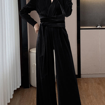 Onbely combinaison velours strappy Col en V manches longues femme élégant