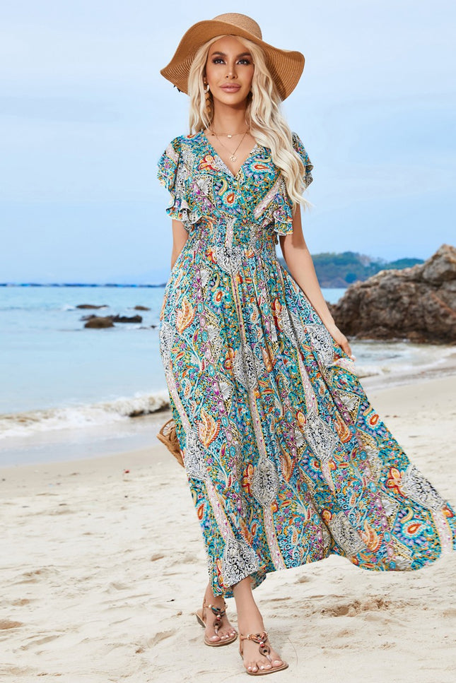 Onbely robe longue trapèze imprimé à fleurie fendu le côté dos nu col en V manches courtes taille marquée bohème vacances plage boho dress