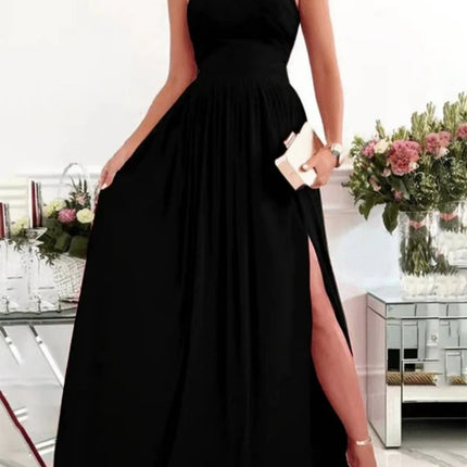 Onbely robe longue fluide fendue sur le côté col licou dos nu bretelles col en V sans manches femme élégante soirée bal de promo cérémonie