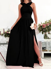Onbely robe longue fluide fendue sur le côté col licou dos nu bretelles col en V sans manches femme élégante soirée bal de promo cérémonie