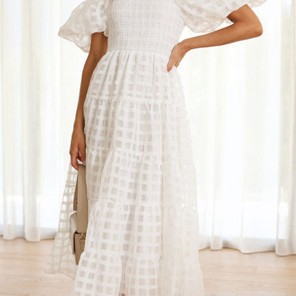 Onbely mi-longue robe carreaux col bateau manches bouffantes cocktail