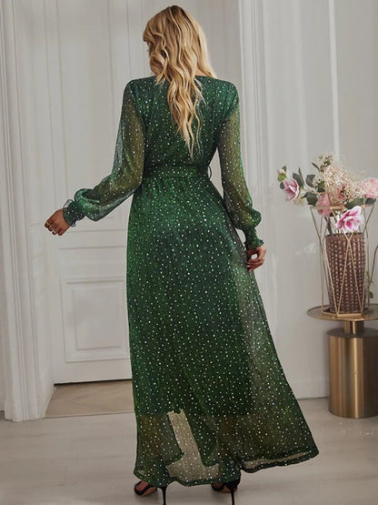 Onbely robe longue fendu le côté brillante paillette ceinture v-cou manches longues élégant de soirée pour mariage