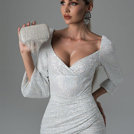 Onbely robe courte moulante unicolore brillante paillette dos nu col en V manches longues cintrée mode bal de promo tous les jours