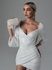 Onbely robe courte moulante unicolore brillante paillette dos nu col en V manches longues cintrée mode bal de promo tous les jours