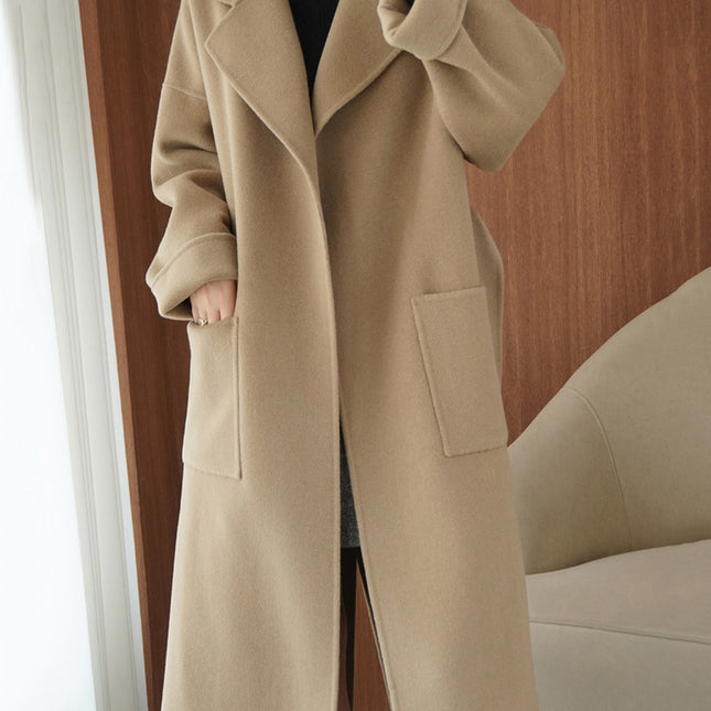 Onbely manteau en laine longue avec poches ceinture pour femme