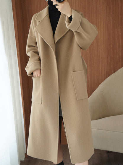 Onbely manteau en laine longue avec poches ceinture pour femme