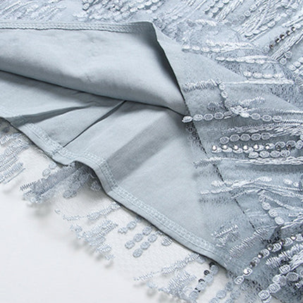 Onbely robe courte bleue à strass et franges pour cocktail