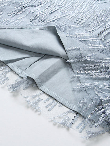 Onbely robe courte bleue à strass et franges pour cocktail
