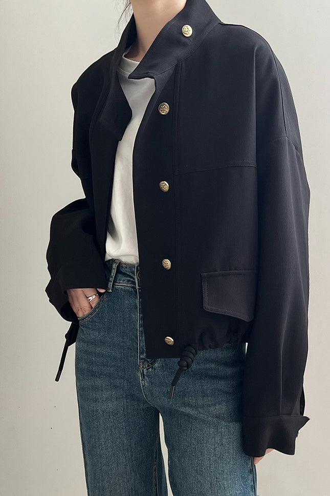 Onbely veste courte coulisse boutonnage taille col montant femme mode