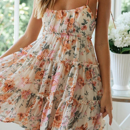 Onbely robe courte imprimé à fleurie à fines brides col carré doux tous les jours vacances boho dress