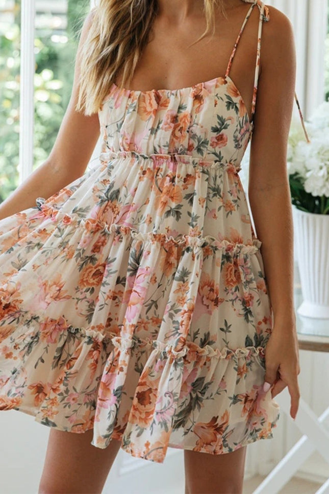 Onbely robe courte imprimé à fleurie à fines brides col carré doux tous les jours vacances boho dress