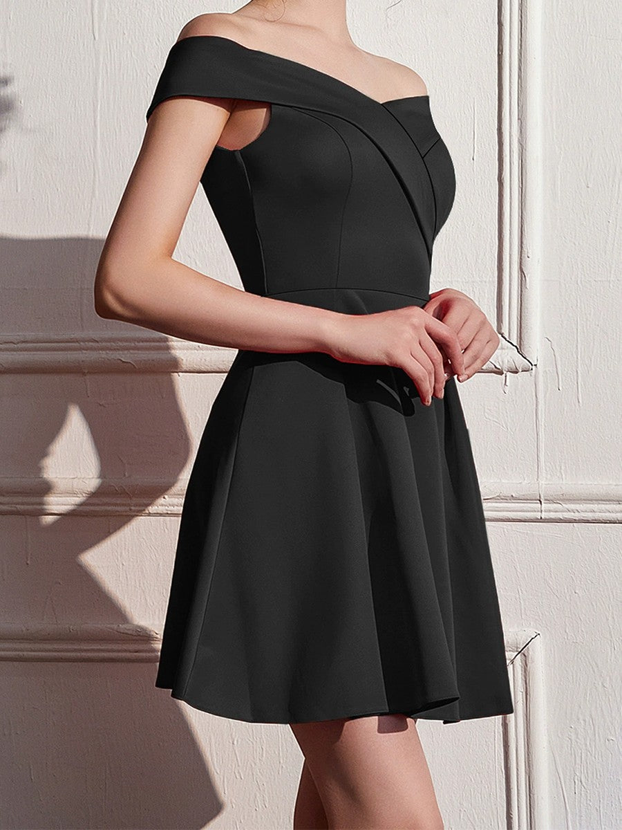 Onbely robe courte unicolore col bateau élégant mode cocktail