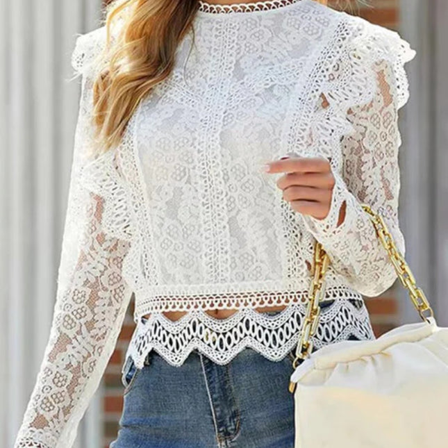 Onbely hauts broderie anglaise avec fermeture éclair col rond élégant femme