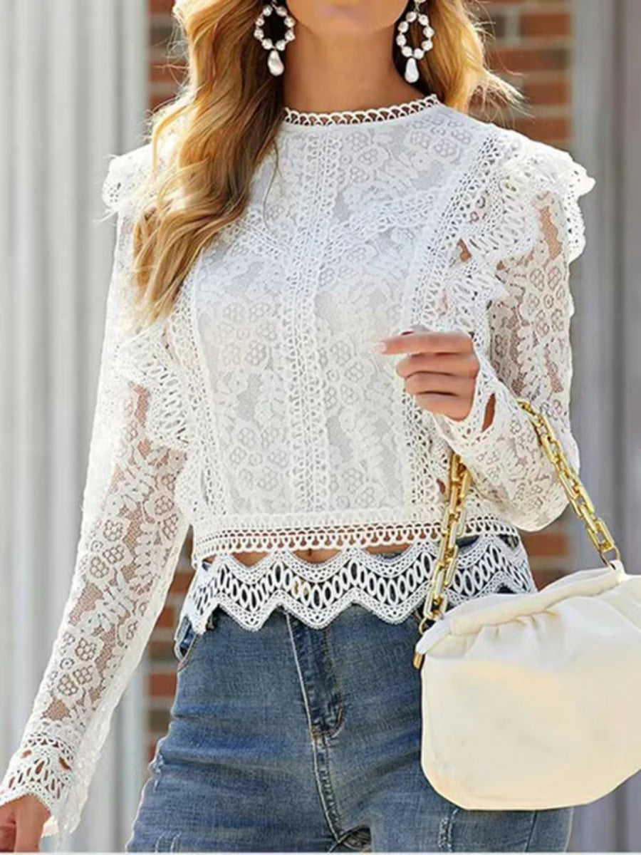 Onbely hauts broderie anglaise avec fermeture éclair col rond élégant femme