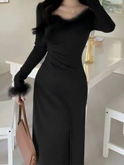 Onbely Elegant V-Neck Long Sleeve Slim Dress