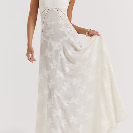 Onbely robe de soirée longue blanche en jacquard élégante à fines brides pour bal de promo ou mariage
