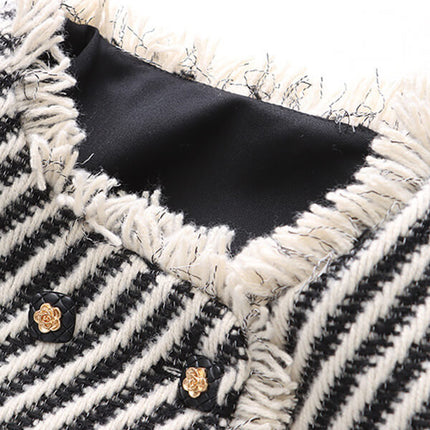 Onbely veste courte rayée en tweed avec frange et poches pour femme élégante