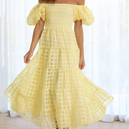 Onbely mi-longue robe carreaux col bateau manches bouffantes cocktail