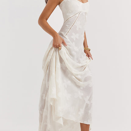 Onbely robe de soirée longue blanche en jacquard élégante à fines brides pour bal de promo ou mariage