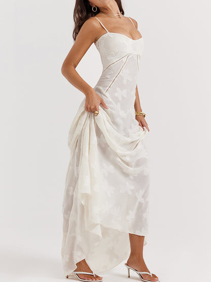 Onbely robe de soirée longue blanche en jacquard élégante à fines brides pour bal de promo ou mariage