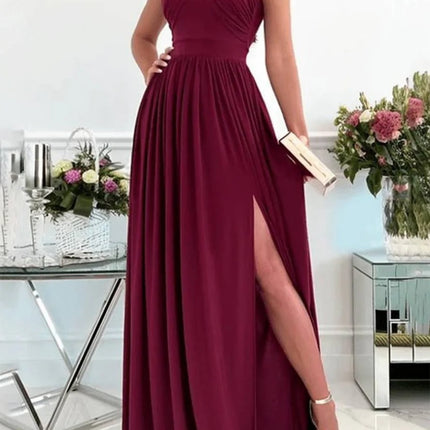 Onbely robe longue fluide fendue sur le côté col licou dos nu bretelles col en V sans manches femme élégante soirée bal de promo cérémonie