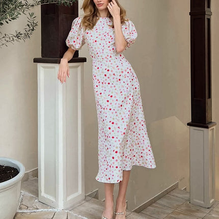 Onbely robe longue fleurs sirène col rond manches bouffantes manches courtes cintrée doux tous les jours bureau