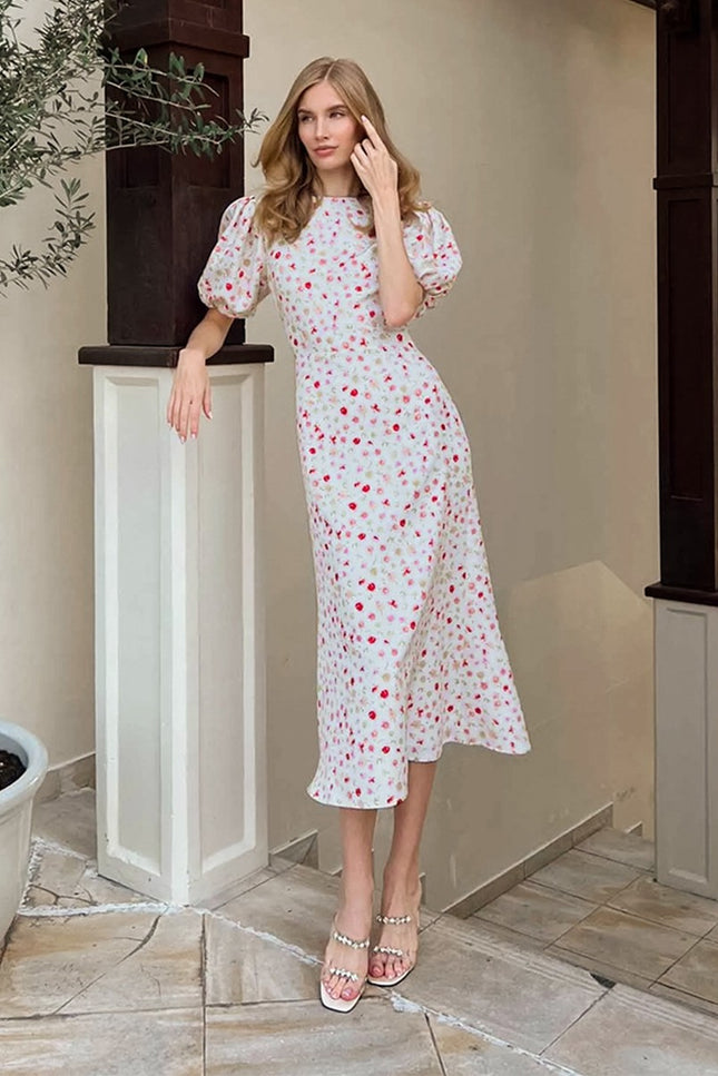 Onbely robe longue fleurs sirène col rond manches bouffantes manches courtes cintrée doux tous les jours bureau