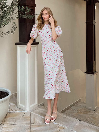 Onbely robe longue fleurs sirène col rond manches bouffantes manches courtes cintrée doux tous les jours bureau