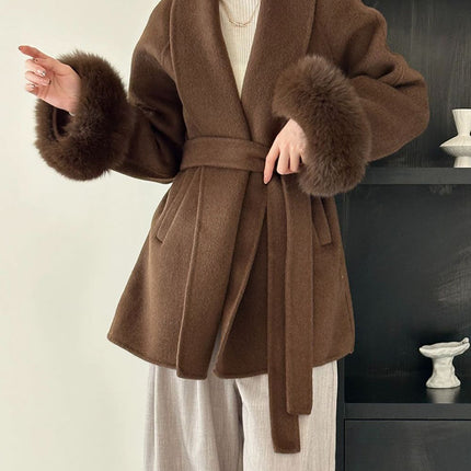 Onbely manteau en laine courte fausse fourrure avec ceinture pour femme