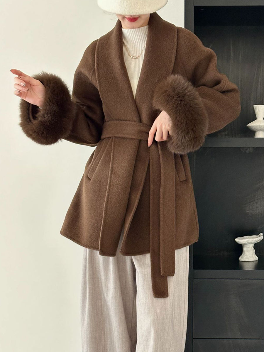 Onbely manteau en laine courte fausse fourrure avec ceinture pour femme