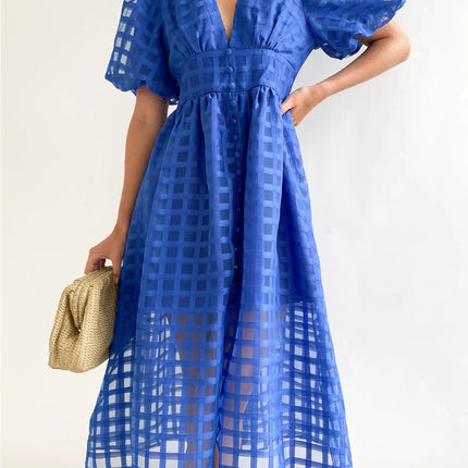 Onbely Robe Mi-Longue à Carreaux avec Col en V et Manches Bouffantes