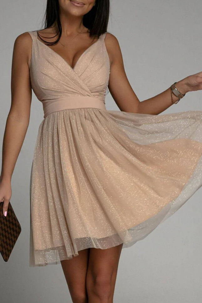 Onbely robe courte trapèze unicolore plissé bretelle col en V doux tous les jours bureau