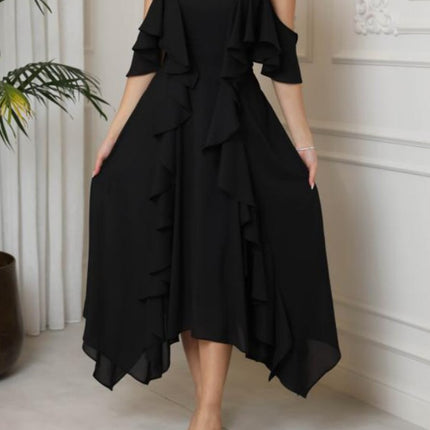 Onbely mi-longue robe irrégulière unicolore à fines brides col en V mode