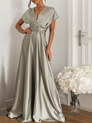 ONBELY Gray V-Neck Backless Long Evening Dress