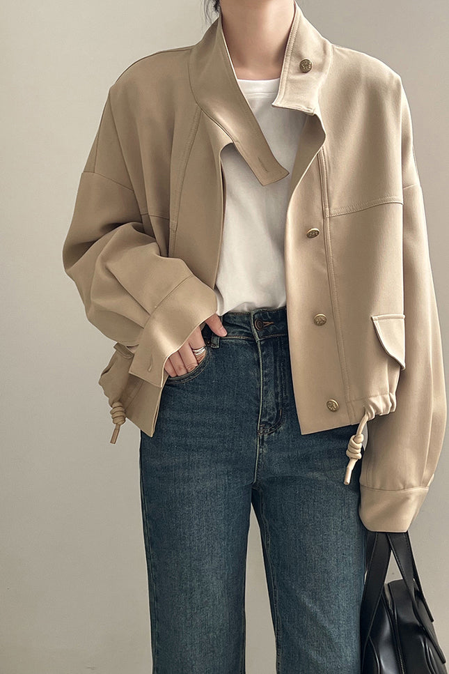 Onbely veste courte coulisse boutonnage taille col montant femme mode