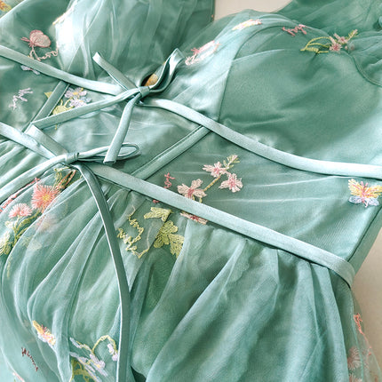 Onbely robe de soirée maxi longue en tulle brodé à la Bridgerton avec manches bouffantes vertes pour un mariage