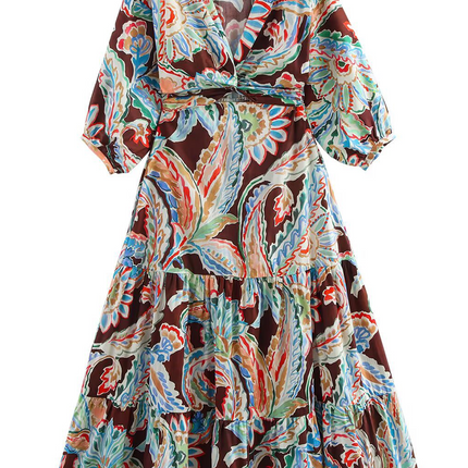 Onbely Robe Longue lâche imprimé à fleurie Col V Manches Longues Bohème boho dress