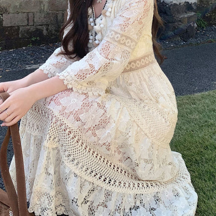 Onbely robe longue bohème à broderie anglaise avec pompons et manches évasées pour plage et vacances boho dress