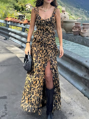 Onbely Leopard Print Side Slit Ruffle Long Evening Dress Fashion