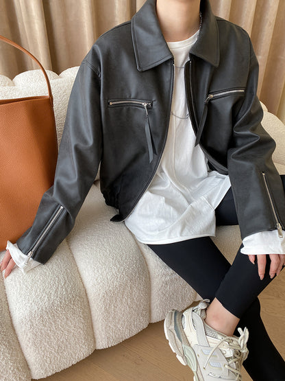 Onbely veste en cuir PU fermeture éclair femme vintage