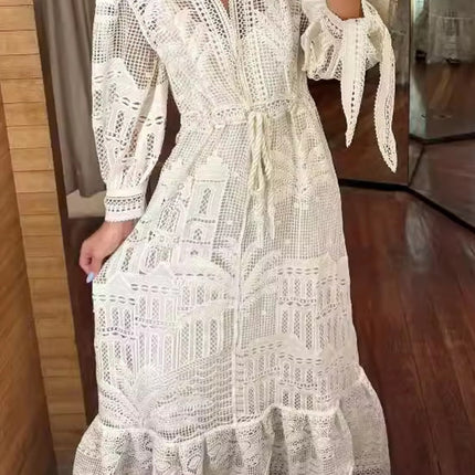 Onbely robe mi-longue dentelle coulisse taille col en V manches longues bohème blanc boho dress