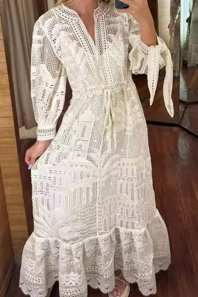Onbely robe mi-longue dentelle coulisse taille col en V manches longues bohème blanc boho dress
