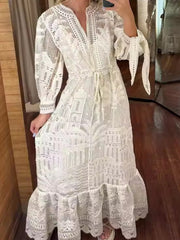 Onbely robe mi-longue dentelle coulisse taille col en V manches longues bohème blanc
