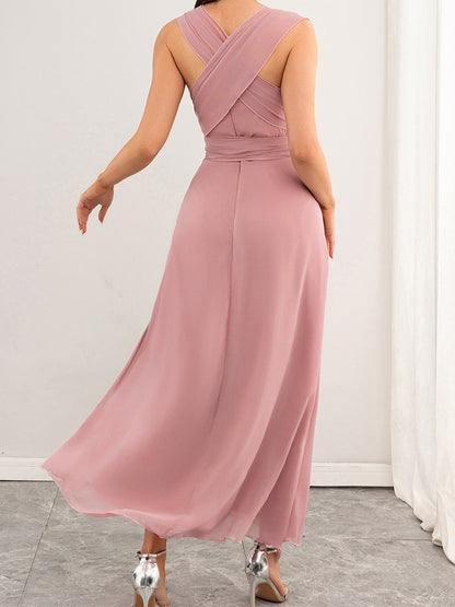 Onbely robe demoiselle d'honneur longue mousseline strappy v-col mode rose